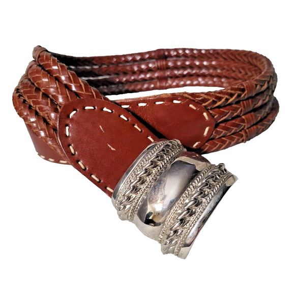 The Limited Sm Braided Woven Leather Belt Silver Buckle Chunky Brown Rope Chain - Picture 1 of 8